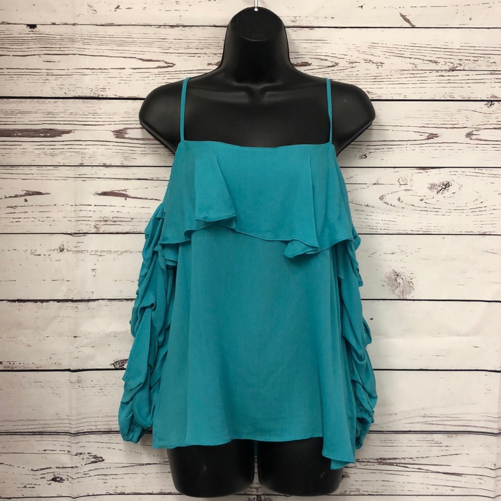 Symphony teal ruffle puffy sleeve cold shoulder